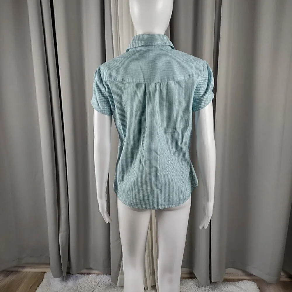 Ann Taylor 100% Cotton Blue White Checkered Short Sleeve Button Down Shirt Sz S - Picture 3 of 10